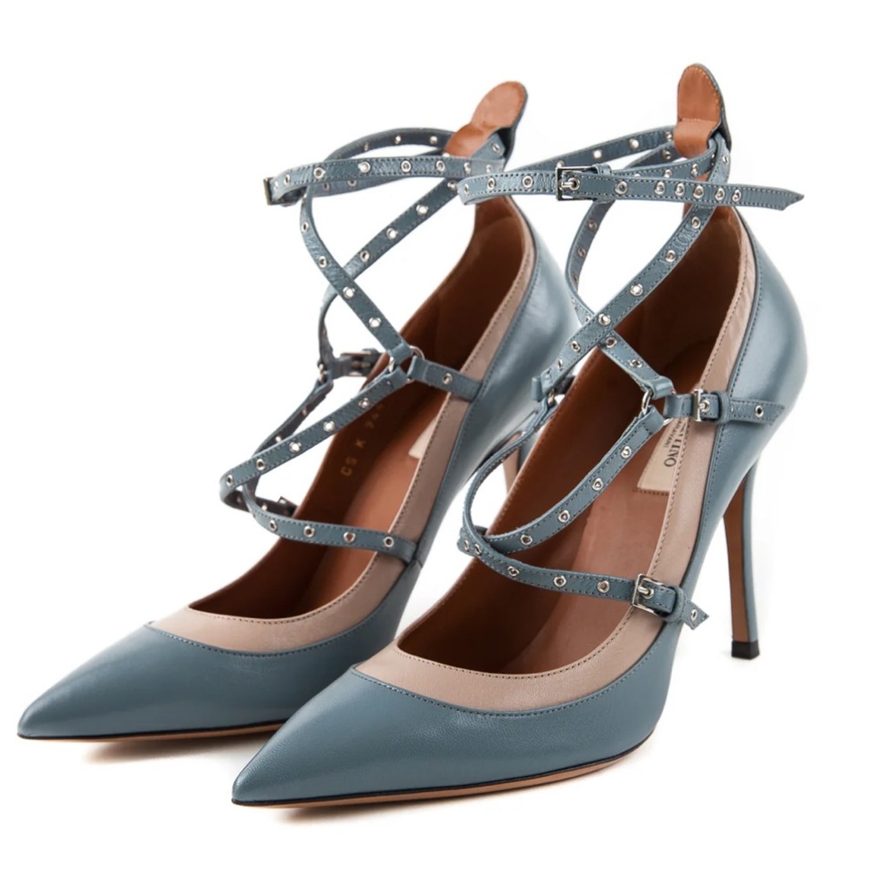 Valentino Garavani blue tan leather ankle strap pumps, size EU 36/ US 6.5